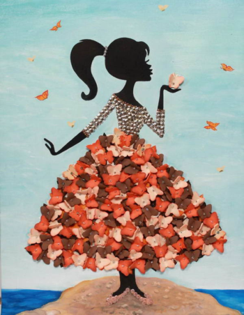 Мозаика из пайеток на холсте "Девочка с бабочками"
