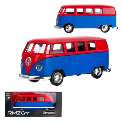 Машина металлическая RMZ City 1:32 Автобус инерционный Volkswagen Type 2 (T1) Transporter, цвет матовый красный с синим, 16,5*7,5*7 см - 0