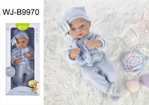 Пупс JUNFA Pure Baby 35см в голубом комбинезоне, шапочке с шарфом, в коробке, с аксессуарами - 0