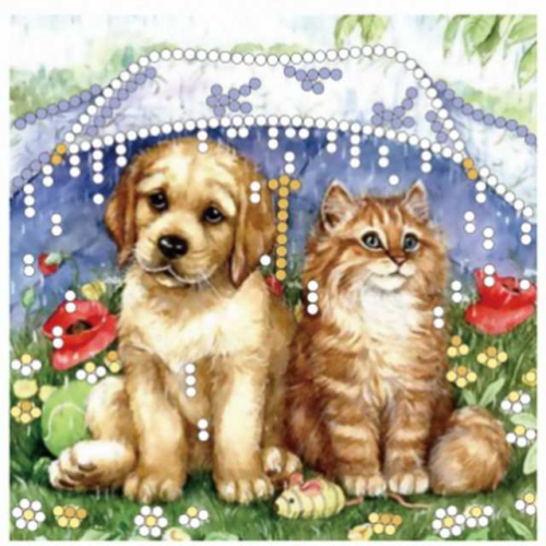Набор для вышивания бисером 15x15 см (частичное заполнение,канва с рис) Кот и щенок под зонтом - 1
